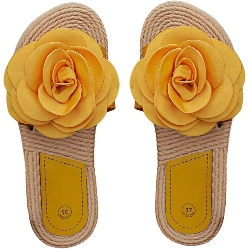 Women's Yellow Floral Straw Slip On Slide Beach Vacation Flat Sandals Shoes
